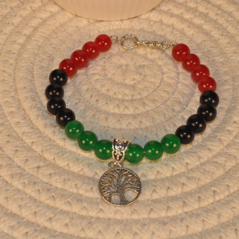 Elegant Red and Black Beaded Bracelet with Tree of Life Charm